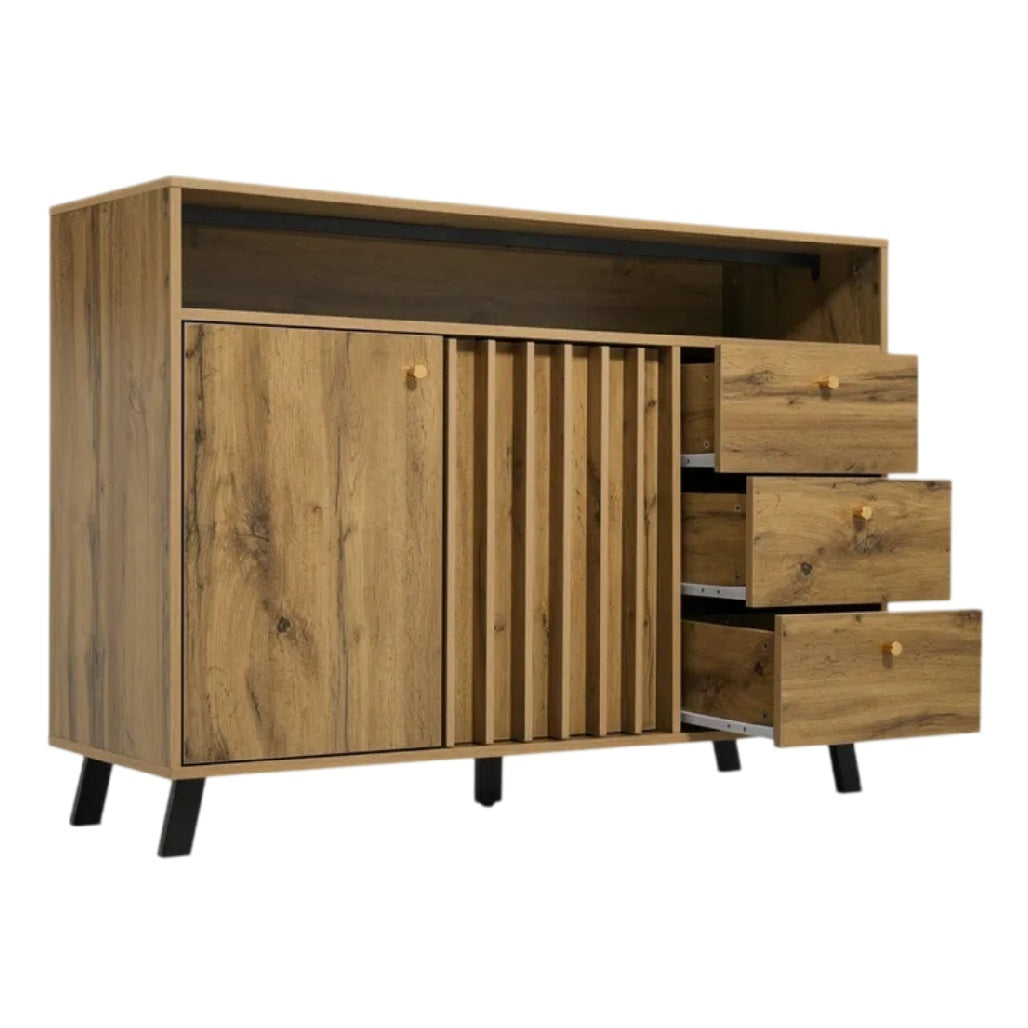 **Meuble de rangement en bois avec tiroirs et portes battantes**