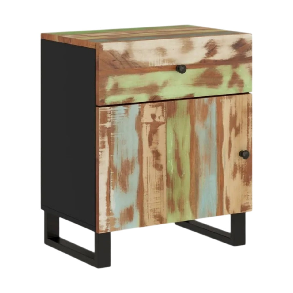 **Table de chevet en bois recyclé avec finition colorée et design moderne**